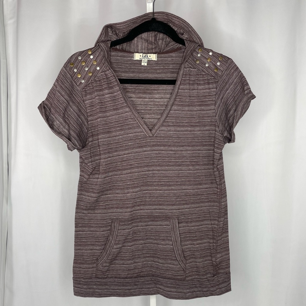 Lei Y2K 90’s XL Brown Striped Short Sleeve hooded shirt Pocket Casual Boho